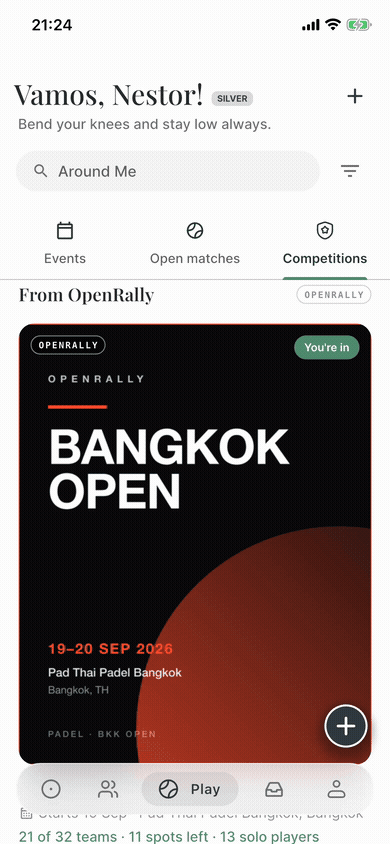 TPS app: Bangkok Open tile count moving from 21 to 22 teams while a registration lands via the API